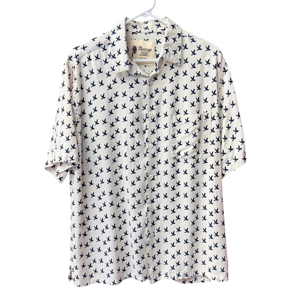 Vintage Silk Button Down Shirt Mens Large Cream Navy Bird Print Short Sleeve